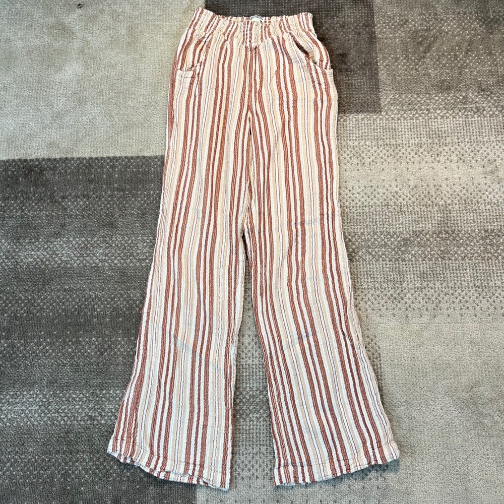 Billabong Womens Striped Wide Leg Pants Brown‎ White Cotton Gauze Size Small